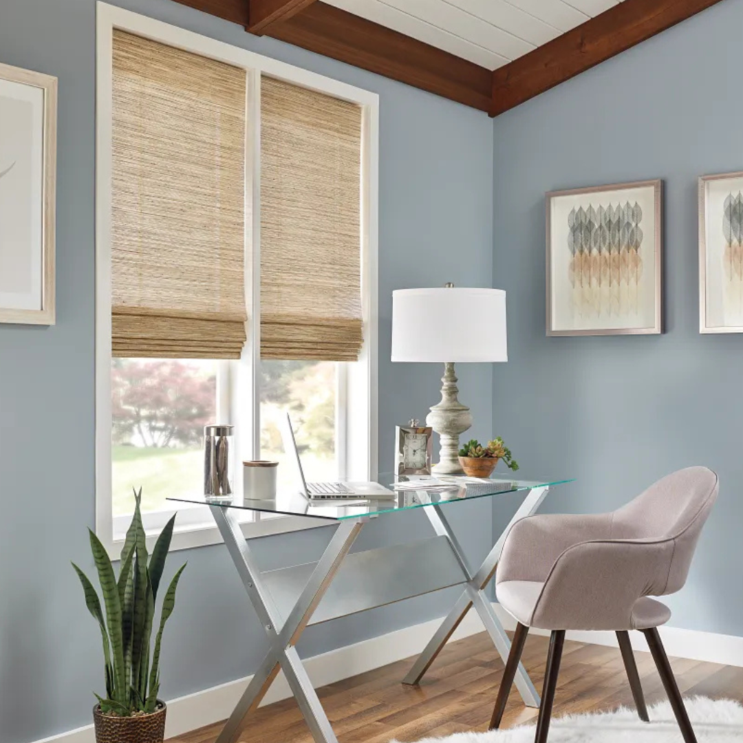 home office with roman shades